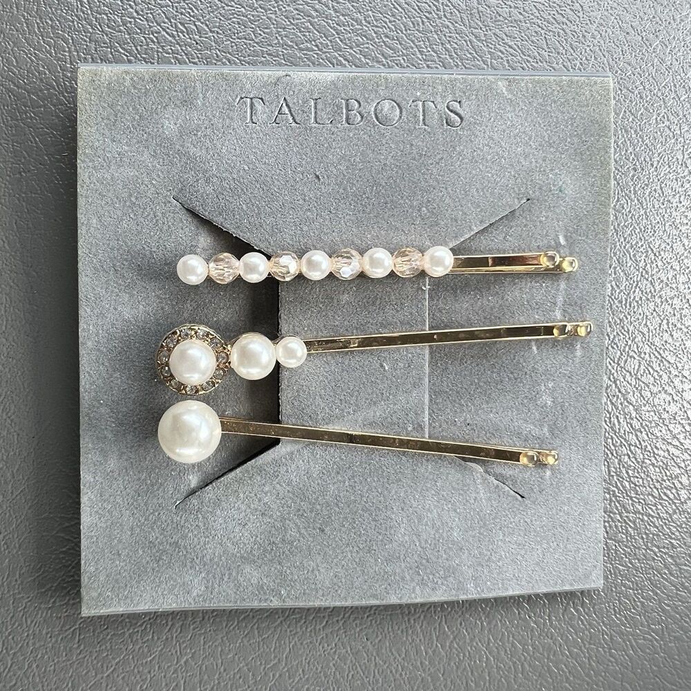 Talbots Pearl Rhinestone Gold Tone Hair Pins Set of 3 NWT